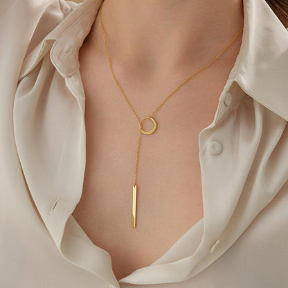 Circle and Bar Lariat Necklace in Gold, Dainty Y Necklace for Women, Modern Drop Bar Pendant