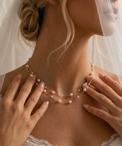 Double Layer Pearl Necklace, 18K Gold Necklace, Wedding Pearl Jewelry, Minimalist Gold, Bridal Gift