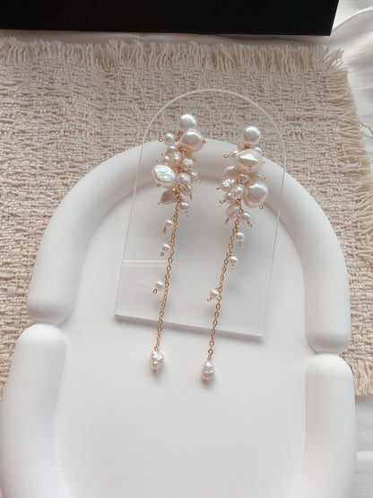 Freshwater Pearl Cascade Earrings, Gold Drop, Bridal Statement Jewelry