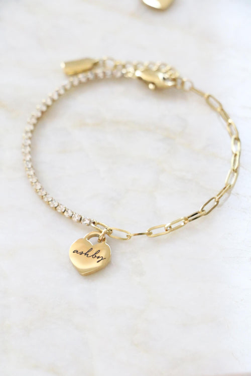Personalized Heart Charm CZ Tennis Bracelet with Paperclip Chain