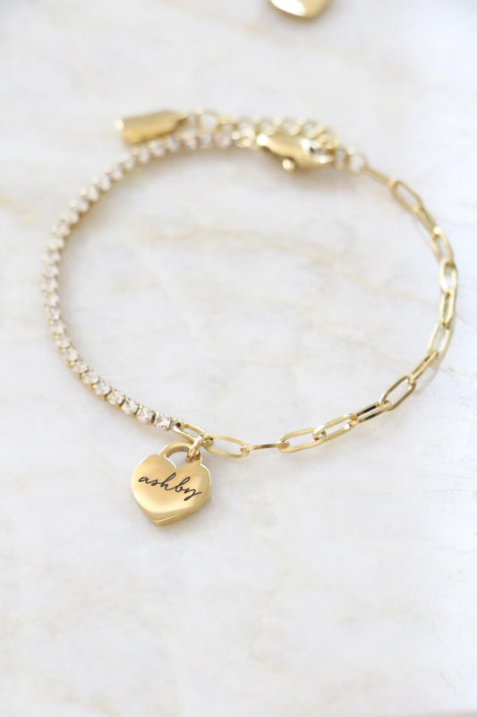 Personalized Heart Charm CZ Tennis Bracelet with Paperclip Chain