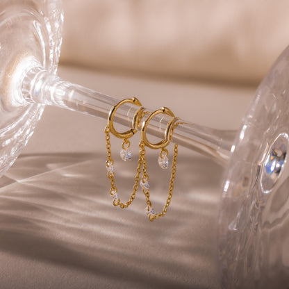 Crystal Chain Drop Huggies - Dangling Diamond Chain Earrings