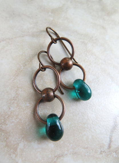 Teal Infinity Droplets Earrings with Copper Dangles and Niobium Earwires